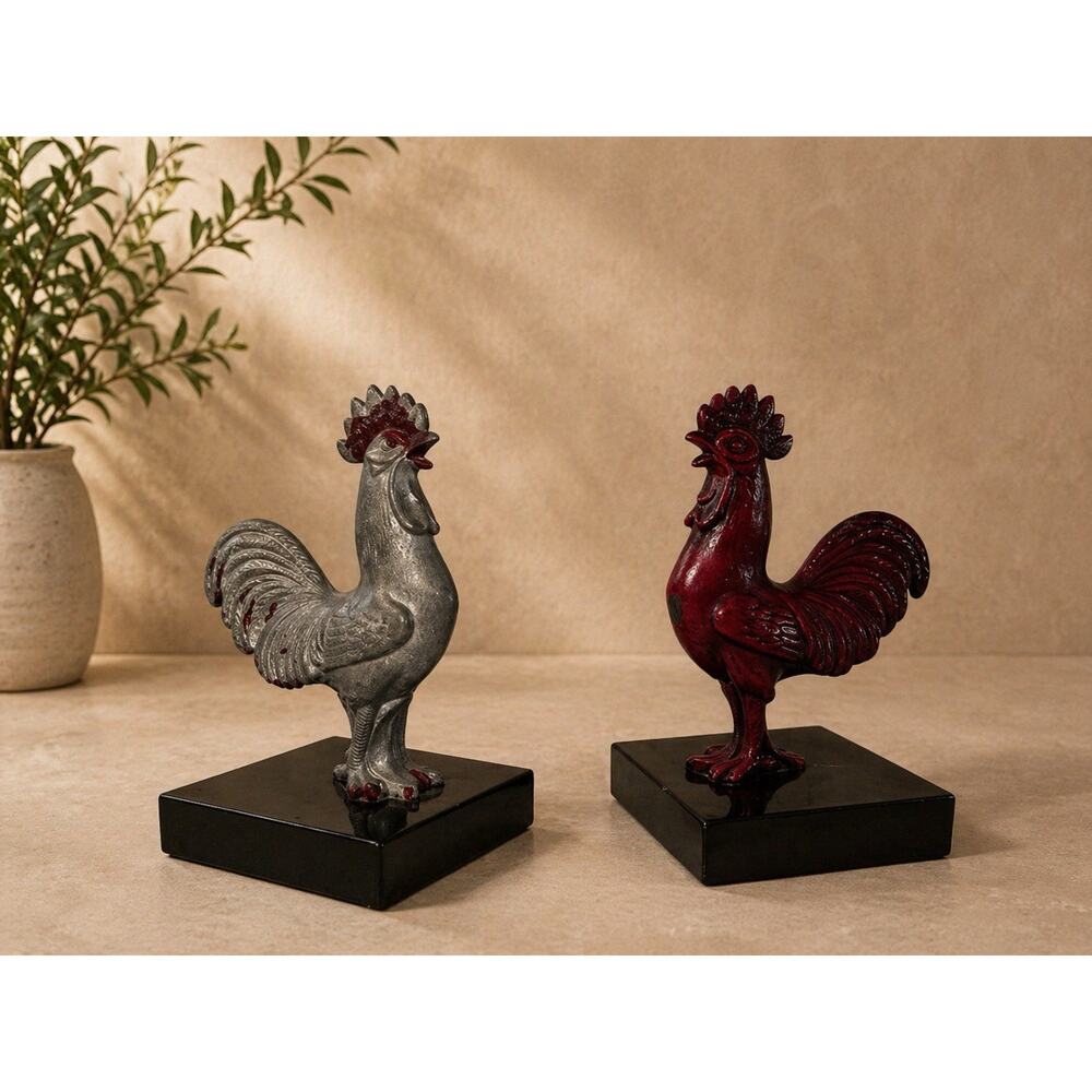 Vintage Rooster Bookends Red Silver Farmhouse French Country Kitchen Decor Heavy